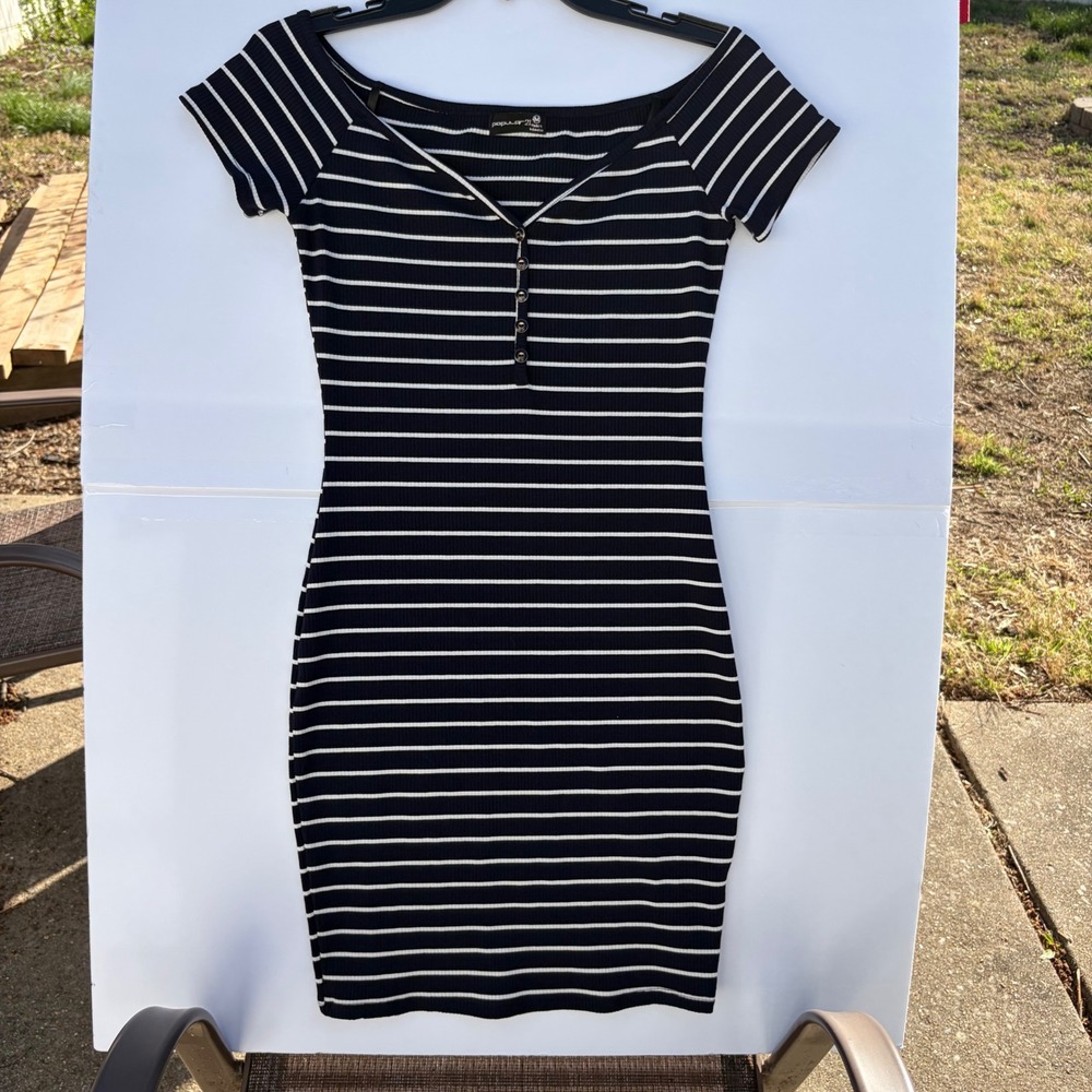 Popular‎ 21 Navy Blue White Striped Ribbed Henley Off Shoulder Bodycon Dress M